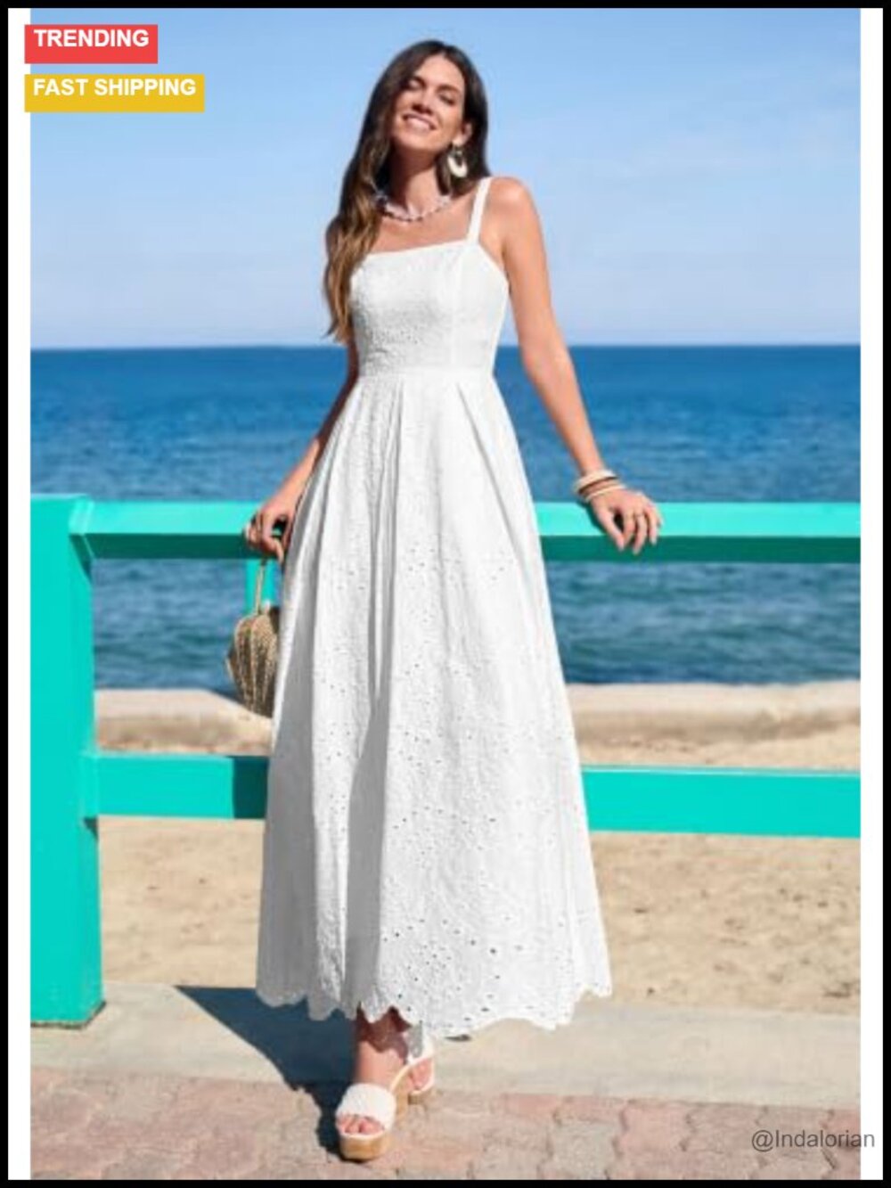 Sleeveless Eyelet Maxi Dress Adjustable Spaghetti Strap A-Line Sundress with - Picture 3 of 6